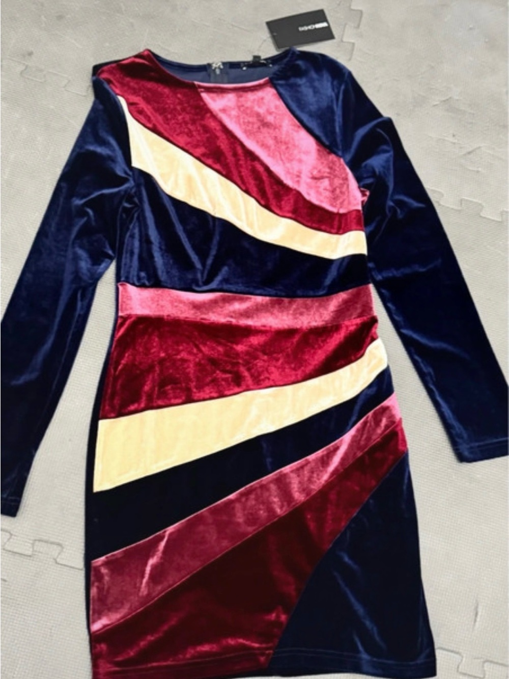 Fashion Nova Velvet Colorblock Long Sleeve Dress - Navy, Burgundy & Cream